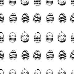 Easter eggs and chiken seamless pattern. Doodle Easter. Black and white line art. Hand drawn cute chicken. Stock vector illustration on a white background.