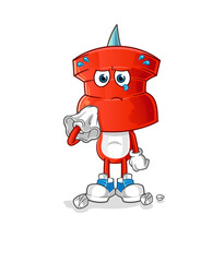 push pin head cartoon cry with a tissue. cartoon mascot vector