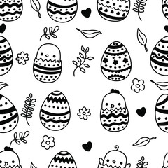 Easter eggs and chiken seamless pattern. Doodle Easter. Black and white line art holiday. Hand drawn cute chicken. Stock vector illustration on a white background.