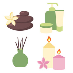 Set of elements for spa and relaxation. Zen stones, cosmetic creams, essential oil diffuser and aroma candles. Accessories for relax, meditation and personal care. Beauty and massage salon equipment