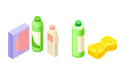 Household Cleaning Equipment with Detergent in Bottle and Sponge Isometric Vector Composition Set