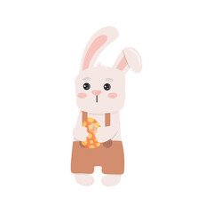 Easter rabbit in pants holding easter egg. Vector illustration.