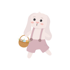 Easter rabbit in pants holding basket with easter eggs. Vector illustration.