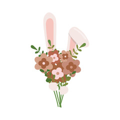 Cute bunny with long ears holding bouquet of flowers. Happy Easter! Vector illustration