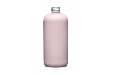 Pink bottle with metal aluminum cap isolated on white background. Cosmetic bottle with dispenser liquid container for gel, lotion, bath foam 3d illustration realistic mockup. Sanitizer pump.