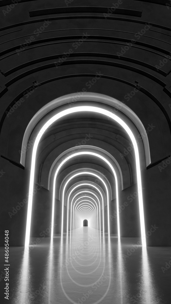 Poster 3d rendering. marble corridor with columns stretching into the distance with neon lights on the side