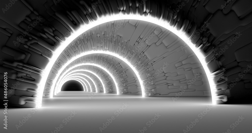 Poster 3d rendering. marble corridor with columns stretching into the distance with neon lights on the side