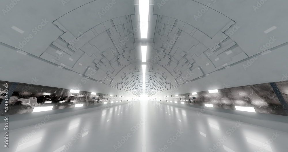 Poster 3d rendering. a corridor made of light marble with decorative elements on the wall extending into th