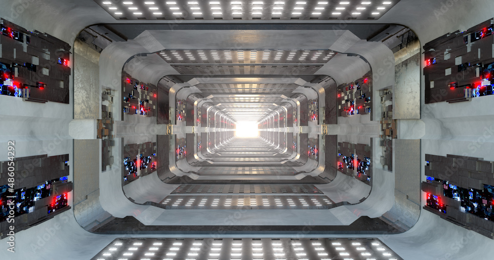 Aufkleber 3d rendering. futuristic sci-fi laboratory or spaceship corridor with neon light.