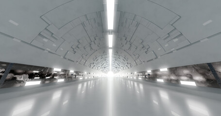 3d rendering. A corridor made of light marble with decorative elements on the wall extending into the distance.