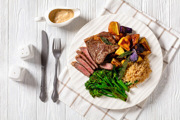 Steak with mustard sauce, top view