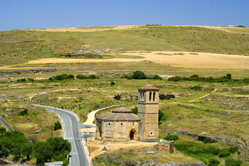 A view of church Iglesia de la Vera Cruz and surrounding landscape from the Alcazar of Segovia,...