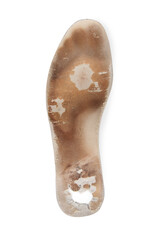 Old and shabby orthopedic insoles isolated on white background. Dirty leather insoles. Worn out things with holes. Inner soles of shoes. Top view banner close up.