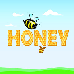 The inscription honey on the background of the sky. Cartoon bees collect honey. Vector illustration 