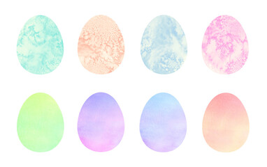 Set, collection of watercolor Easter, paschal eggs. Colorful watercolour textured egg shapes with neon, salt stains. Greeting card hand drawn artistic templates, text frames, Easter backgrounds.