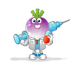 turnip head cartoon doctor holding medichine and injection