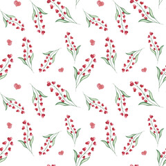 Watercolor seamless pattern from hand painted illustration of red hearts as flowers with green leaves. Design print on white background for design postcard, fabric textile, wedding invitation