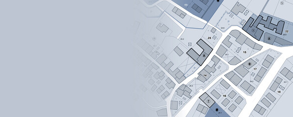Imaginary General Urban Plan with urban destinations, roads, buildable areas and land plot - Banner design with copy space - note: the map is totally invented and does not represent any real place - obrazy, fototapety, plakaty