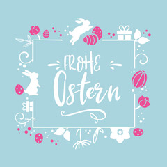 Ostergrüße mit dekorativem Ostermotiv und deutschem Text auf hellblauem Hintergrund