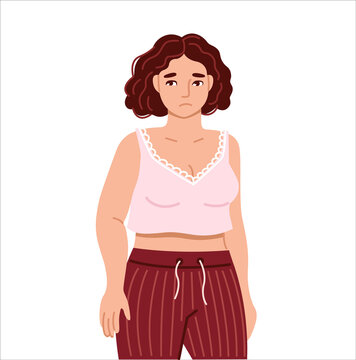 Sad Unhappy Overweight Plump Woman In Home Pajama, Suffering From Fluid Retention. Premenstrual Symptom. Hand Drawn Isolated Vector Illustration.