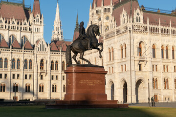 Fototapeta na wymiar II. Rakoczi Ferenc equestrian statue on Kossuth square in Budapest, Hungary