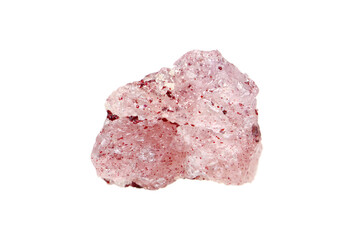 Closeup natural rough strawberry quartz (a rare variety of quartz that contain red inclusions of iron oxide) on white background (shallow dof)