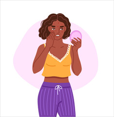Acne, spotty skin. Black woman looking in round mirror. Skincare, skin problems, pimples concept. Symptom of pms. Hand drawn cartoon character. Vector flat isolated illustration.