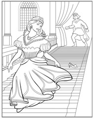 Fairy Tale Cinderella looking for your lost shoe and prince falling in love - Colouring page for adult and children
