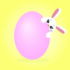 A cute bunny peeping out from behind a giant egg, a white Easter rabbit with a pink egg