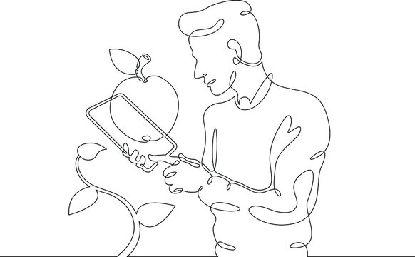 recommend clip art: One continuous line.Augmented reality. Agronomist bioengineer using a tablet examines a plant. AR recognition and object scanning. Continuous line drawing.Line Art isolated white background.