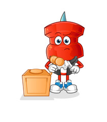 push pin head cartoon judge holds gavel. character vector