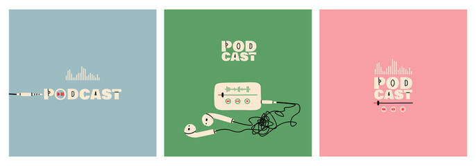 Podcast cover set. Music player buttons with equalizer and play track, sound wave. Headphones with tangled wire. Vector trendy illustration for design, EPS 10.
