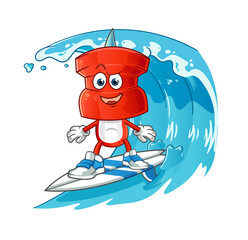 push pin head cartoon surfing character. cartoon mascot vector