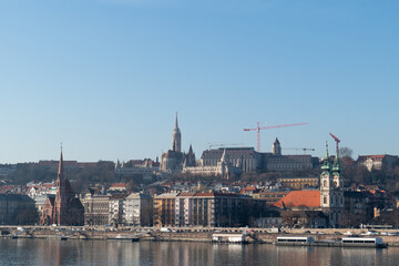 Cityscape of Budim Danube river bank with Fisherman bastion and churches in Budapest, Hungary
