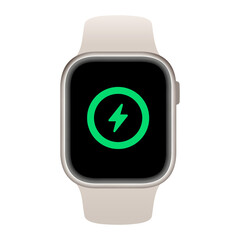 Apple watch battery charge status icon on smart watch screen. Wristwatch full charge symbol.