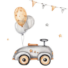 Cartoon retro car with balloons and stars; watercolor hand drawn illustration; with white isolated background 