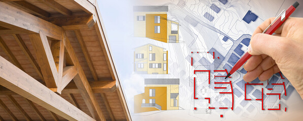 Design and build wooden structure - concept with a wooden architecture and architect who designs a building