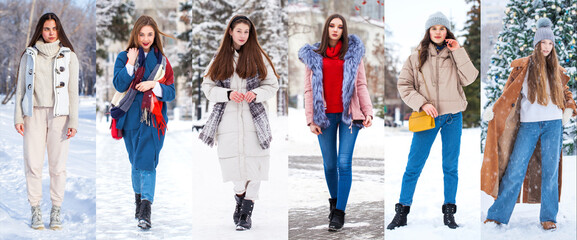 Collage Winter Fashion. Full body portrait of a young beautiful models