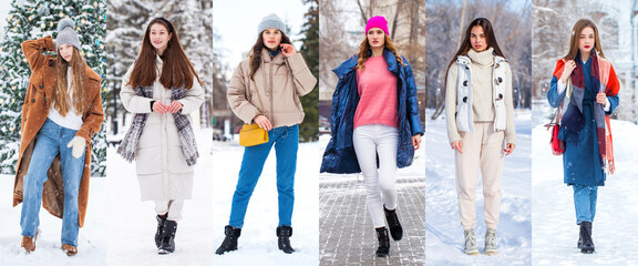 Fototapeta premium Collage Winter Fashion. Full body portrait of a young beautiful models