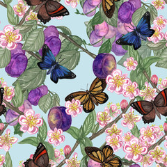 Watercolor pattern butterflies among blooming plum branches