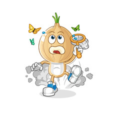 garlic head cartoon catch butterfly illustration. character vector