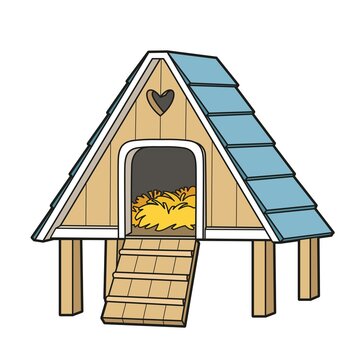 Wooden triangular chicken coop with ladder color variation for coloring book on white background