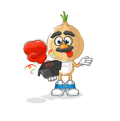 garlic head cartoon prank glove in the box. cartoon mascot