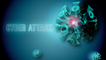Fototapeta na wymiar Cyber Attack text on a Computer PC screen with a virus illustration