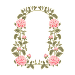 Vintage hand drawn peach rose flower frame wreath vector illustration arrangement for wedding invitation decoration with green leaf branch and floral bud