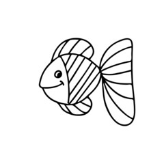 Gold fish. In cartoon style. Funny fish in the underwater world. Sketch of adult or child anti-stress coloring, line drawing, logo for tattoo with doodle