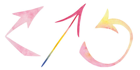 Watercolor illustration of hand painted yellow, pink, blue arrows showing different way, direction on the road isolated on white. Sign clip art elements for design postcards, stickers, posters, banner