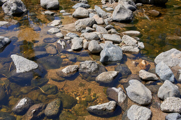 Fototapeta na wymiar Transparent natural water flowing through pebbles in a creek in Cordoba, Argentina. Horizontal. wallpaper