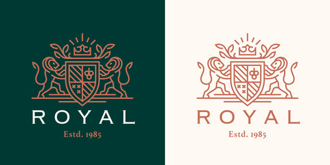 Royal heraldry lion crest logo. Gold heraldic shield line icon. Luxury vintage coat of arms symbol. Vector illustration. - obrazy, fototapety, plakaty