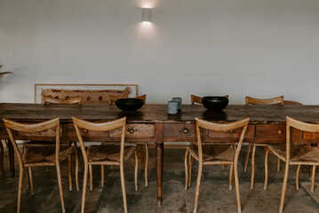 Elegant, modern and contemporary interior and exterior decor details of a chic hotel in Mykonos in Greece